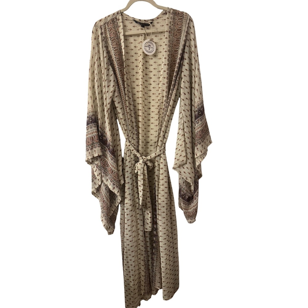 Jennafer Grace Boho Kimono Robe Duster Long Paisley Print Belted Cream large